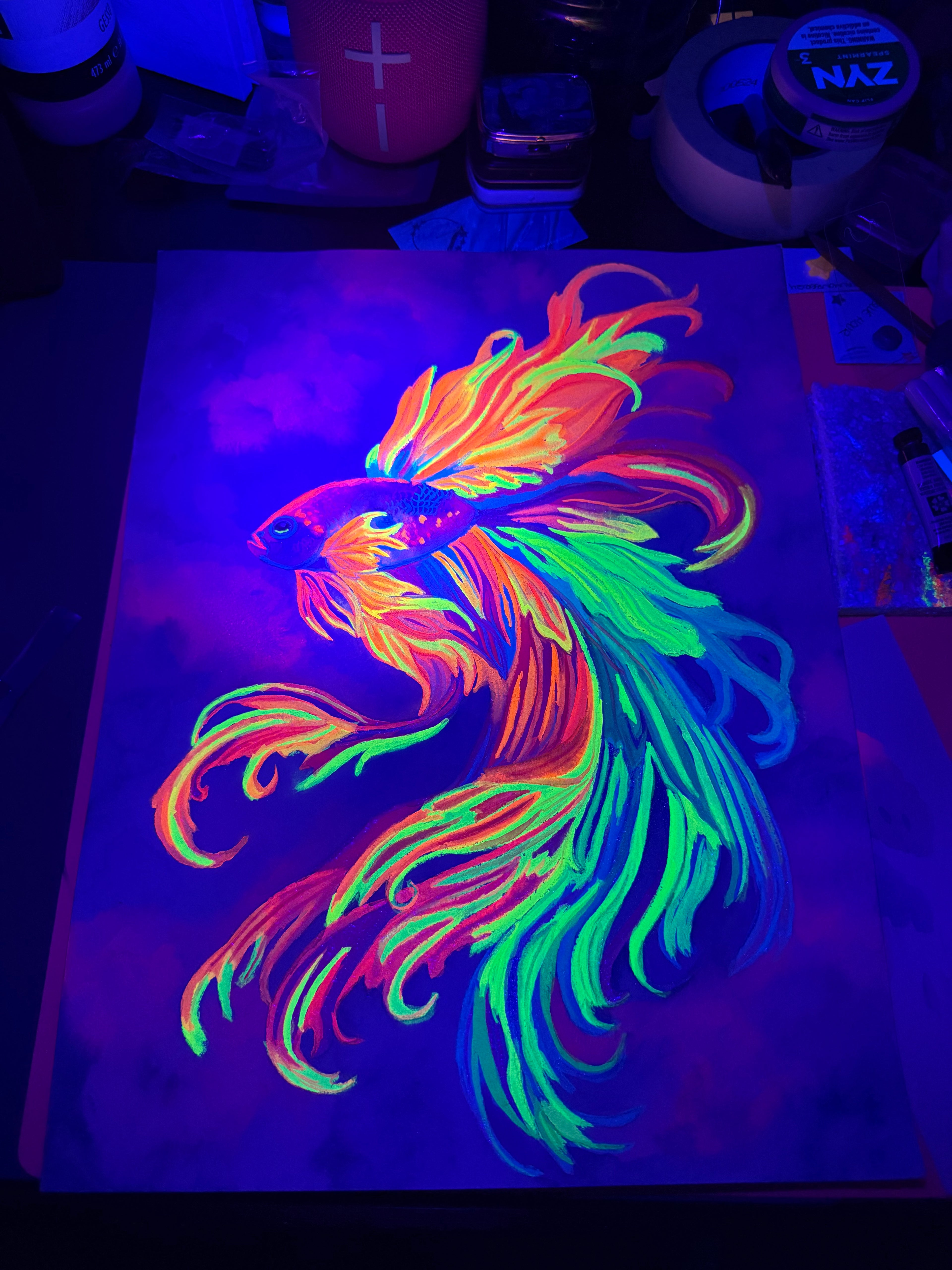 Solar Betta | Original 12x16"  UV Reactive Watercolor Painting
