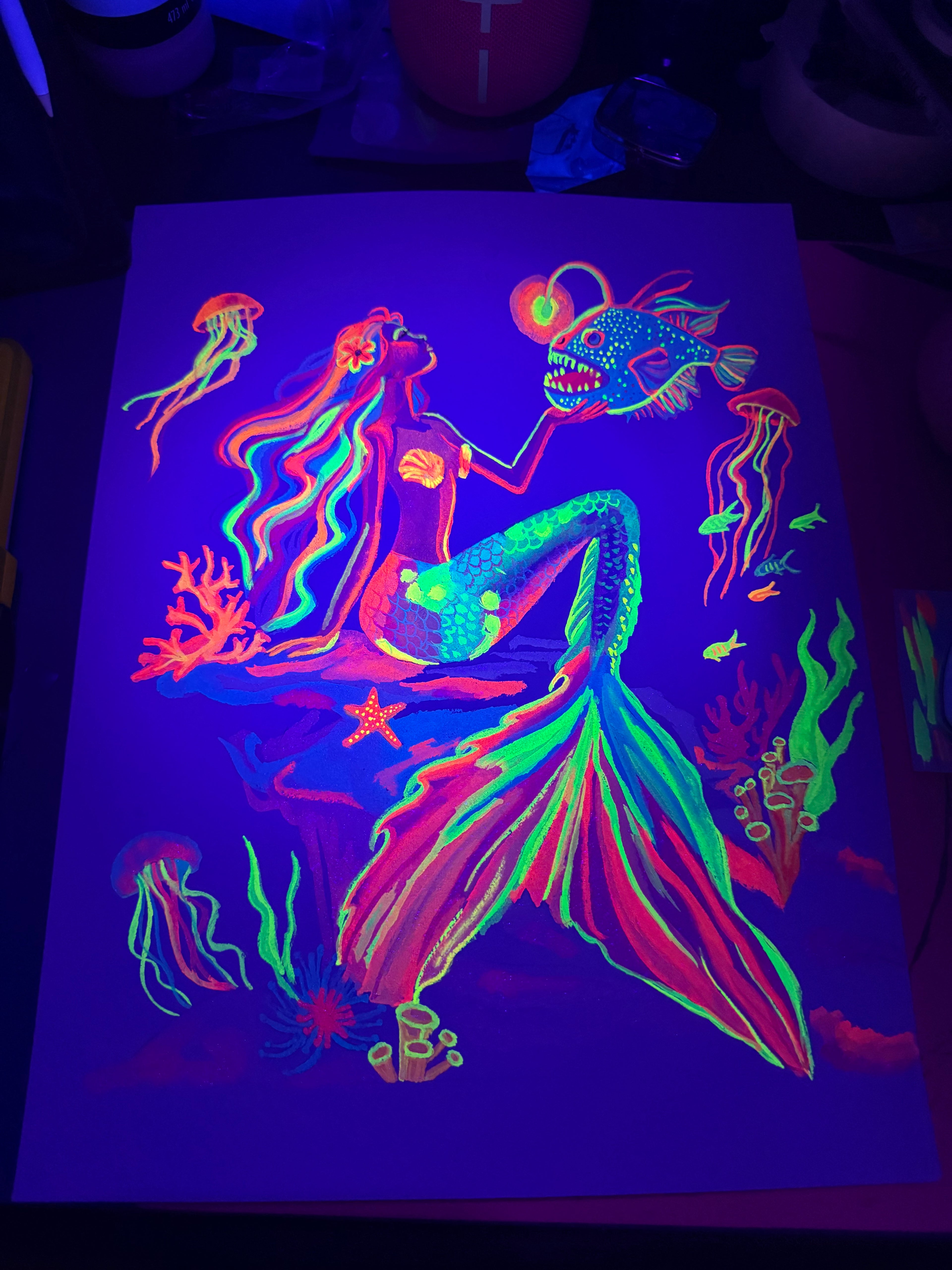 Neon Siren | Original 12x 14.5" UV Reactive Watercolor Painting