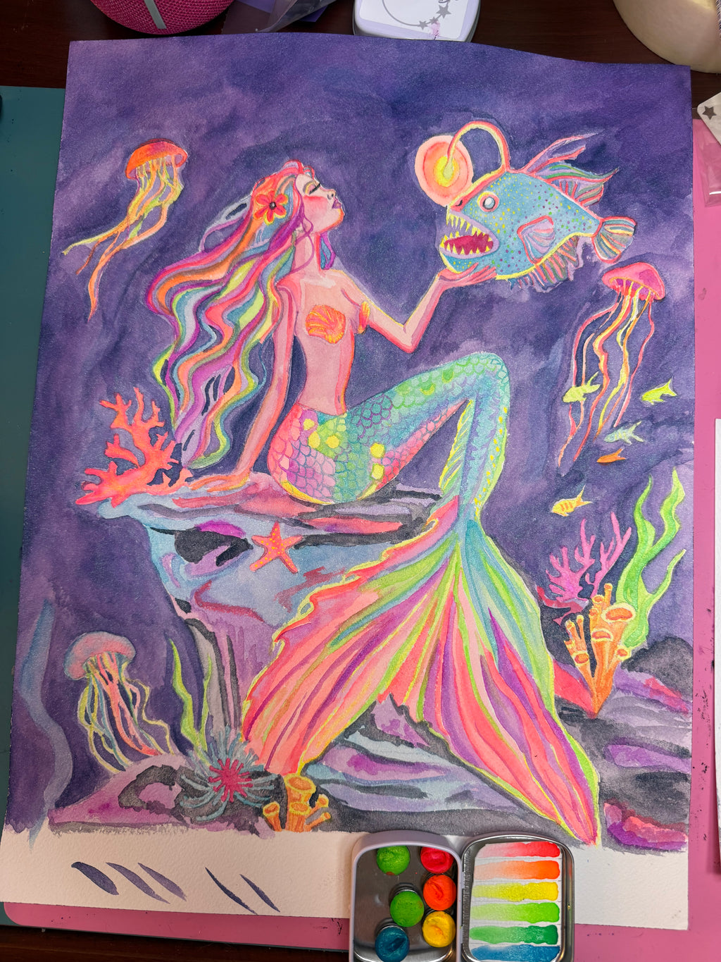 Neon Siren | Original 12x 14.5" UV Reactive Watercolor Painting